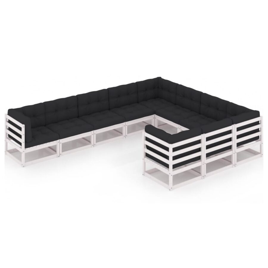 10-delige Loungeset met kussens massief grenenhout wit - Afbeelding 2