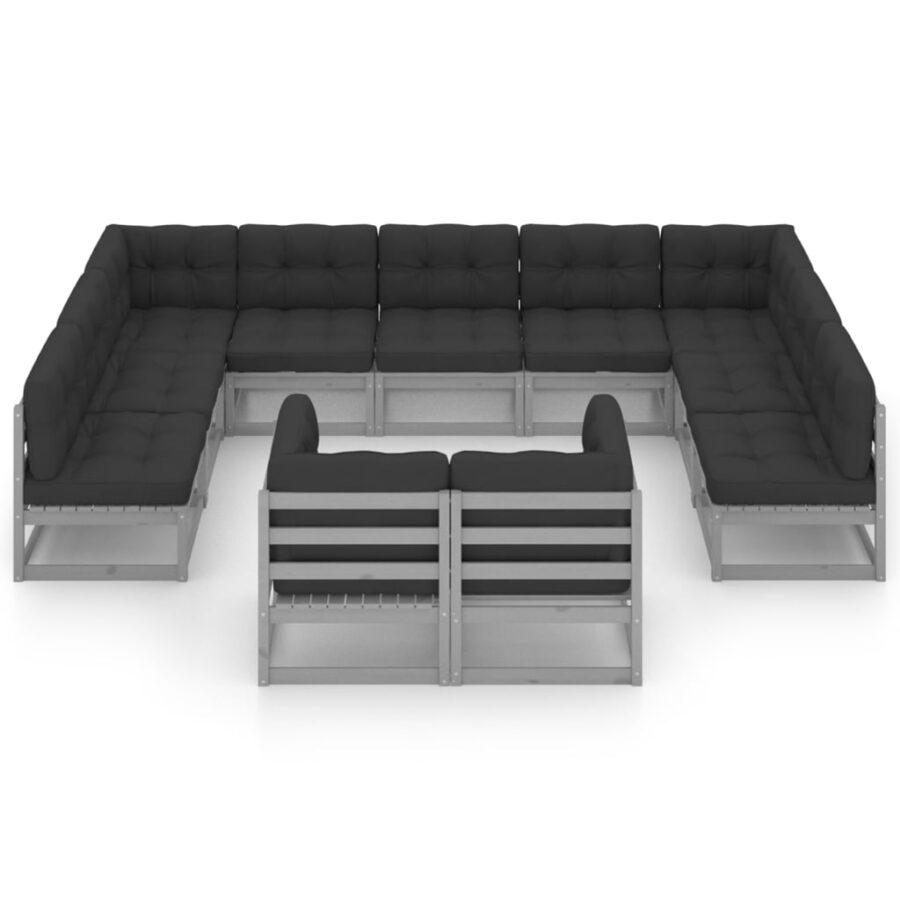 11-delige Loungeset met kussens massief grenenhout grijs - Afbeelding 3