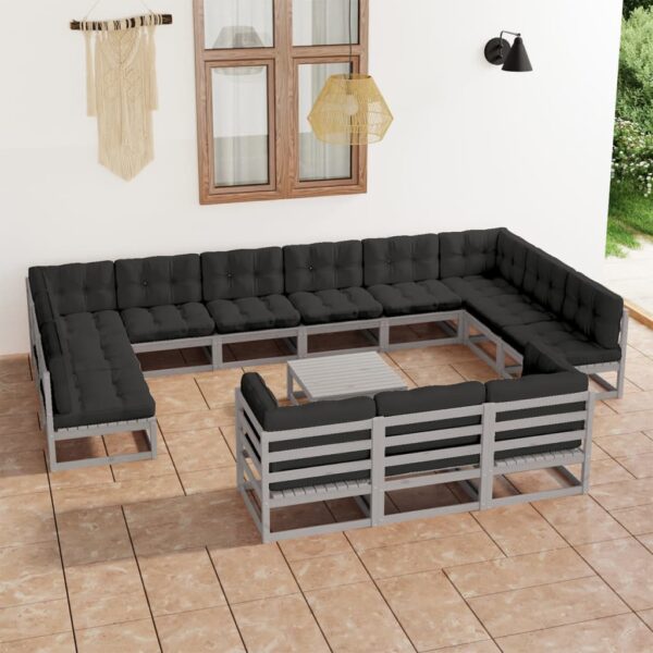 14-delige Loungeset met kussens massief grenenhout grijs
