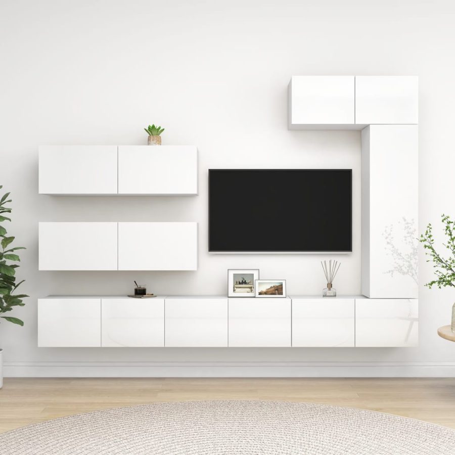 7-delige Tv-meubelset bewerkt hout hoogglans wit