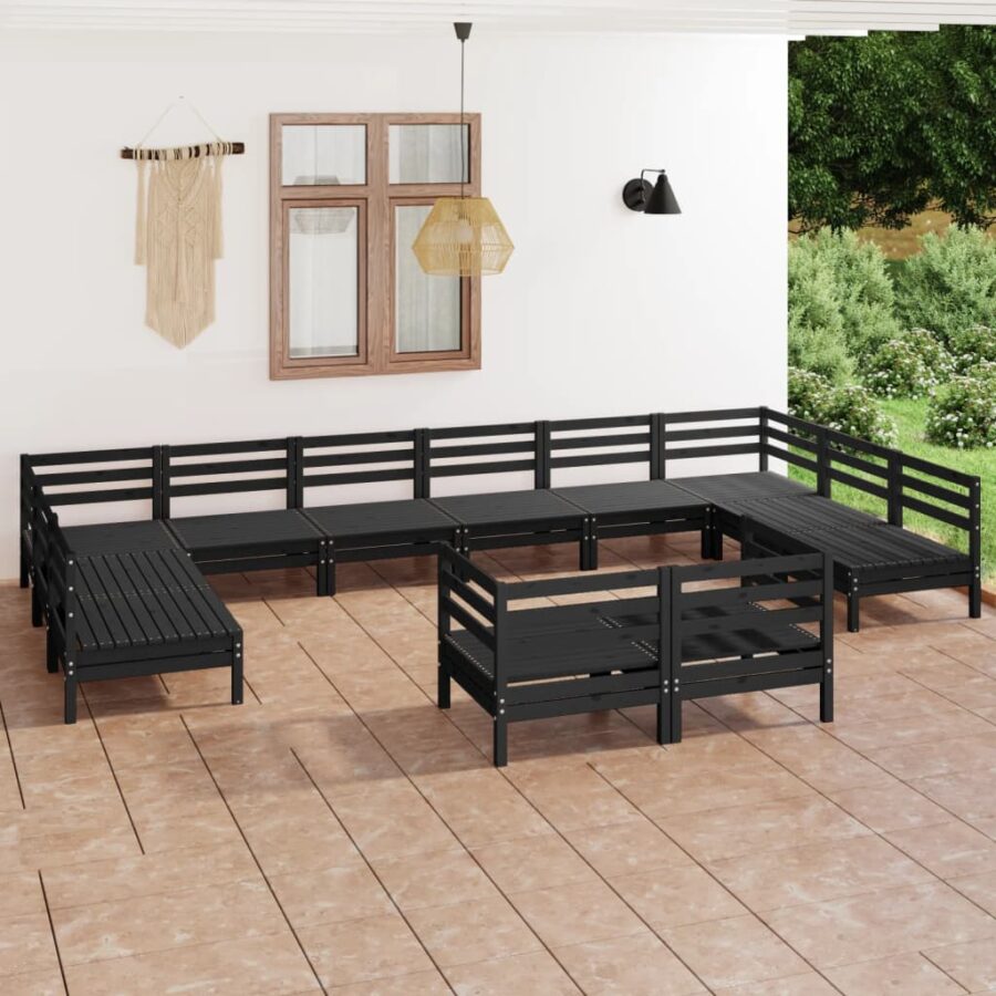 12-delige Loungeset massief grenenhout zwart