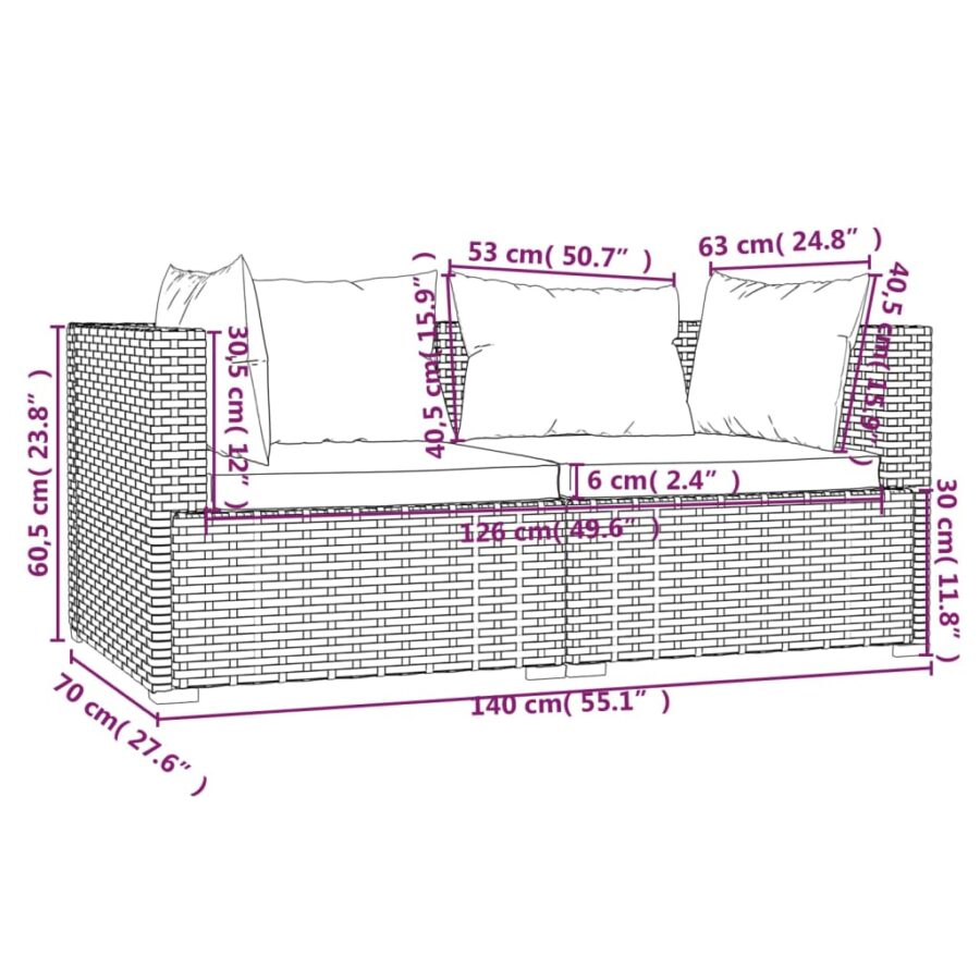 3-delige Loungeset met kussens poly rattan grijs - Afbeelding 7