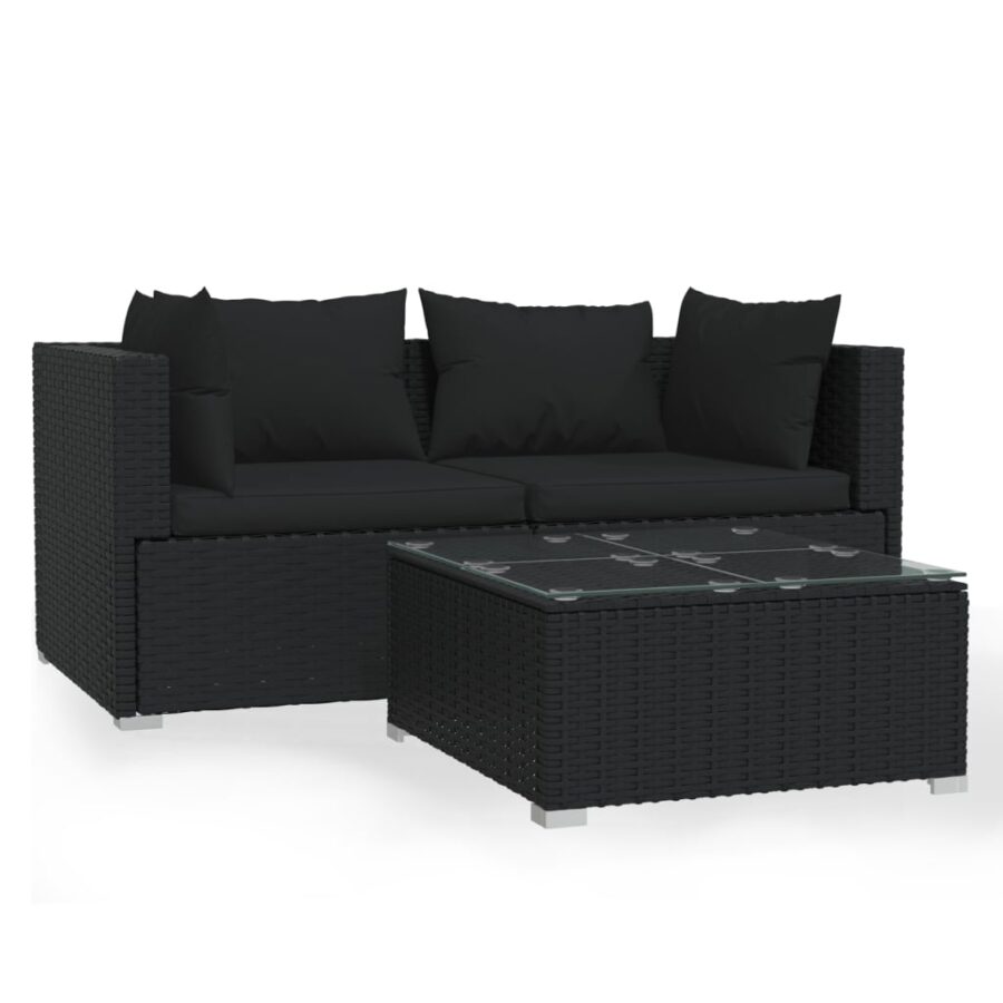 3-delige Loungeset met kussens poly rattan zwart - Afbeelding 2