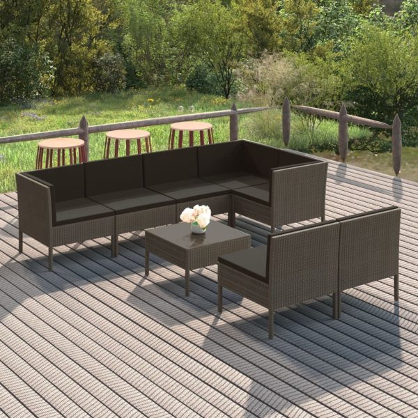 8-delige Loungeset met kussens poly rattan grijs