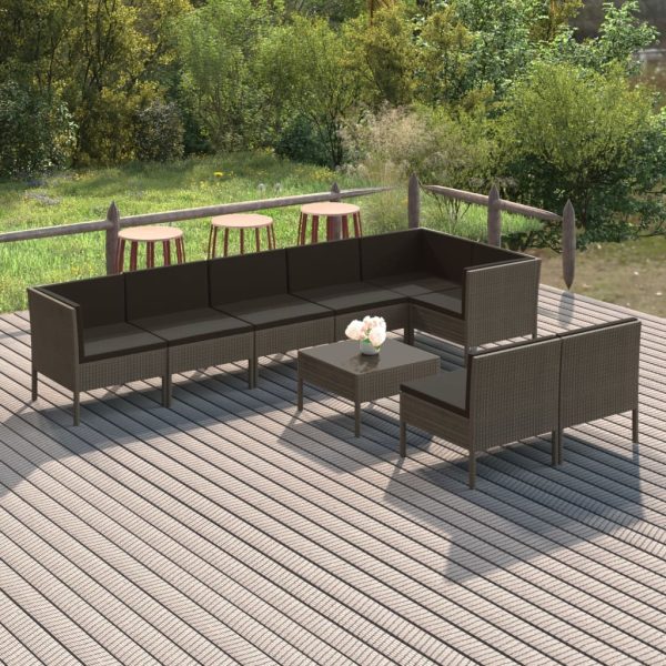 9-delige Loungeset met kussens poly rattan grijs