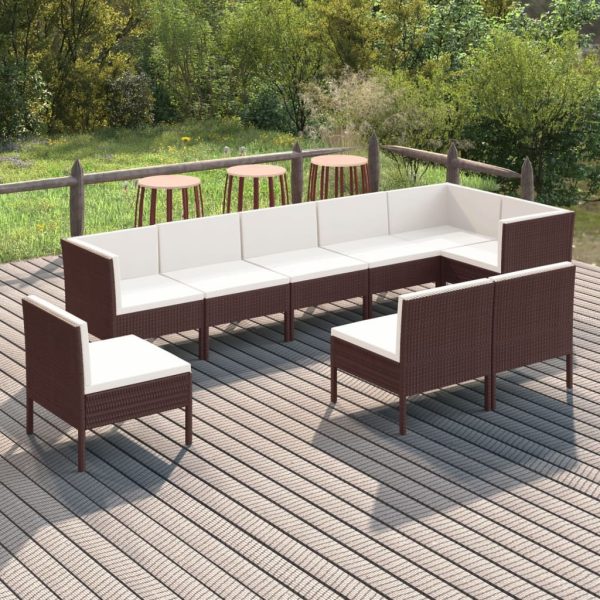 9-delige Loungeset met kussens poly rattan bruin