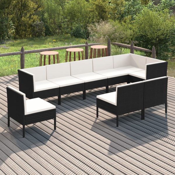 9-delige Loungeset met kussens poly rattan zwart