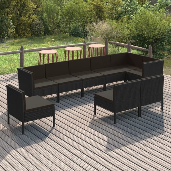 9-delige Loungeset met kussens poly rattan zwart