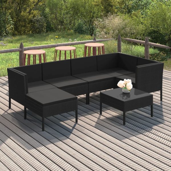 7-delige Loungeset met kussens poly rattan zwart
