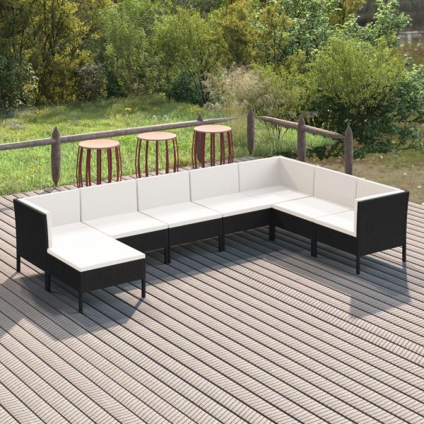 8-delige Loungeset met kussens poly rattan zwart