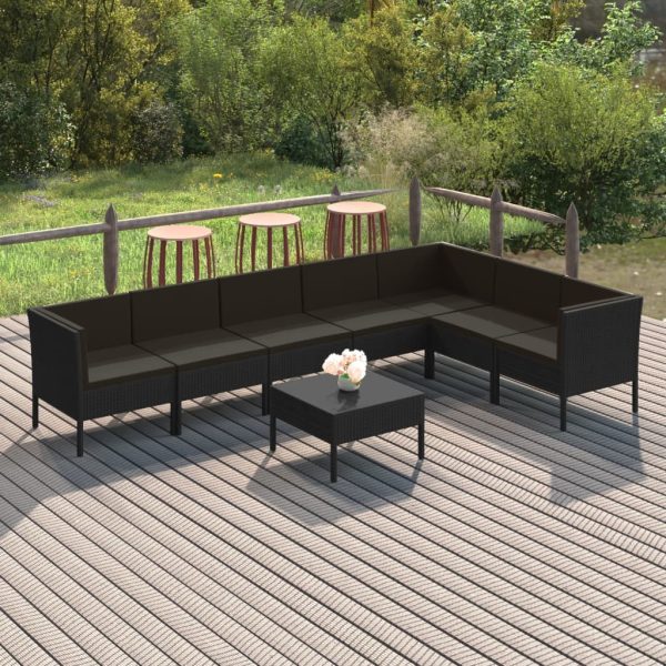 8-delige Loungeset met kussens poly rattan zwart