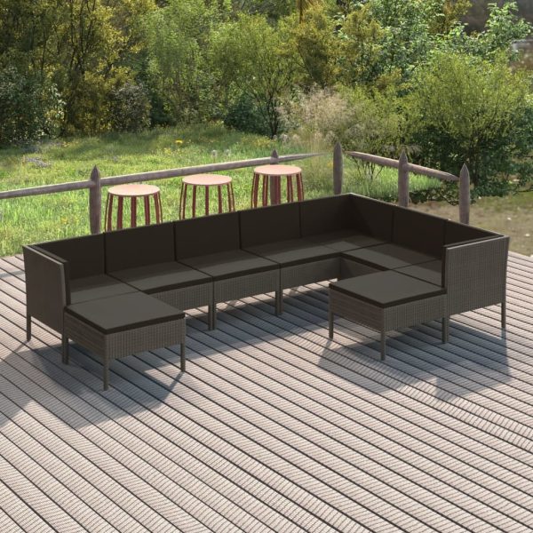 9-delige Loungeset met kussens poly rattan grijs