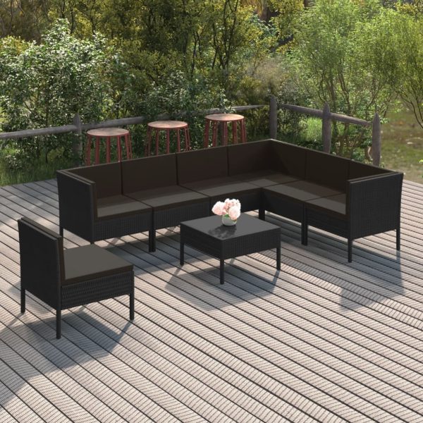 8-delige Loungeset met kussens poly rattan zwart
