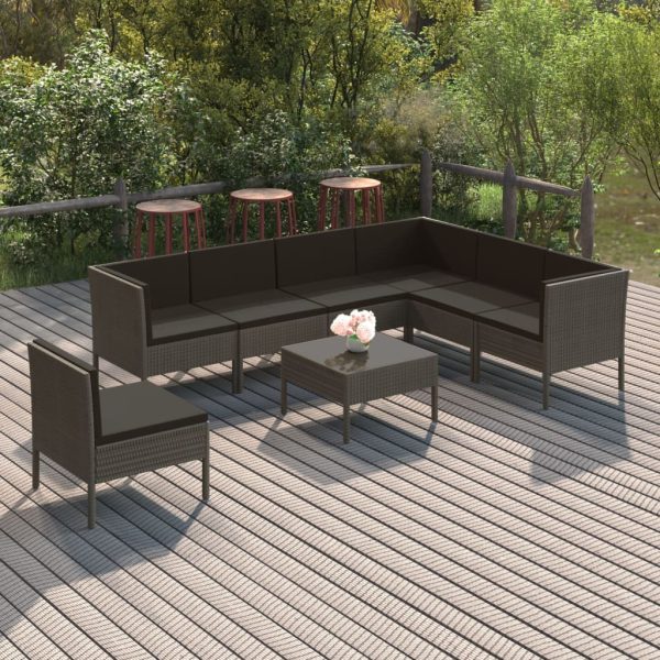 8-delige Loungeset met kussens poly rattan grijs