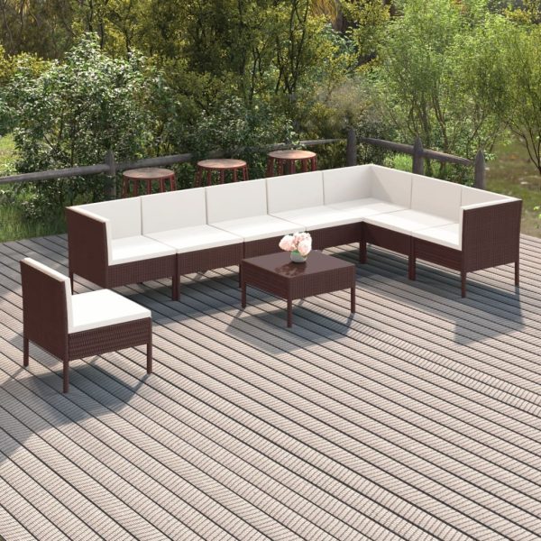 9-delige Loungeset met kussens poly rattan bruin