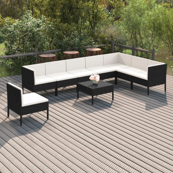 9-delige Loungeset met kussens poly rattan zwart
