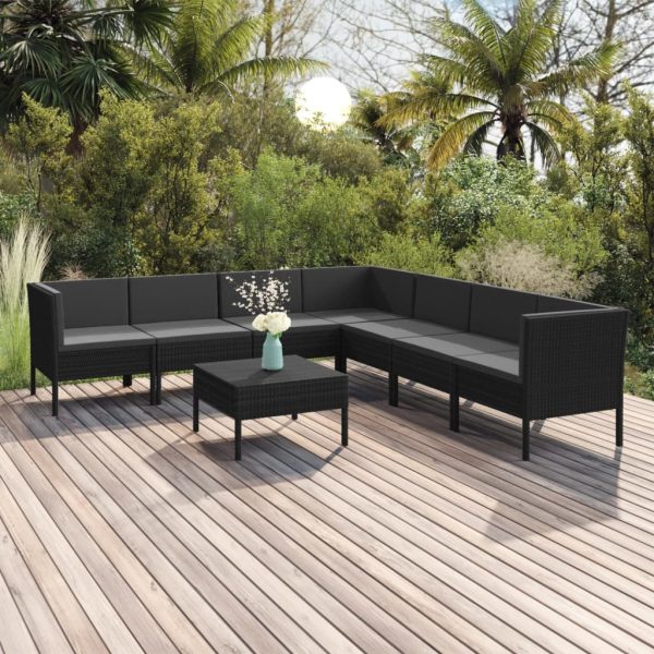 8-delige Loungeset met kussens poly rattan zwart