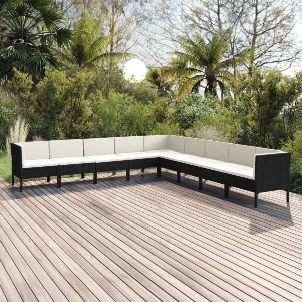 9-delige Loungeset met kussens poly rattan zwart