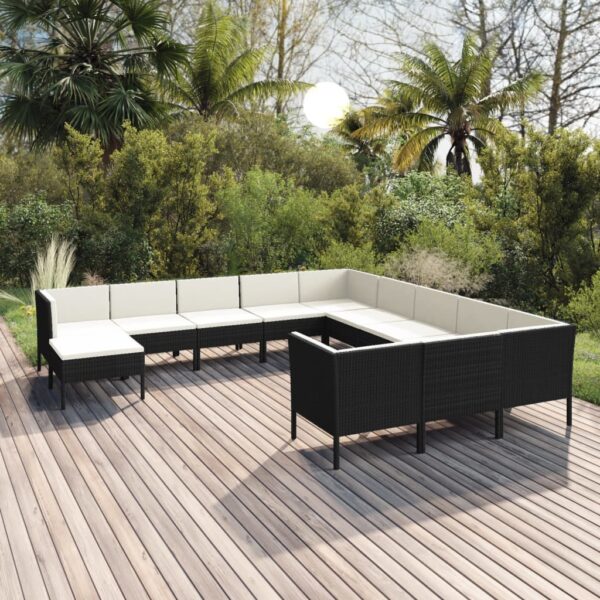 12-delige Loungeset met kussens poly rattan zwart