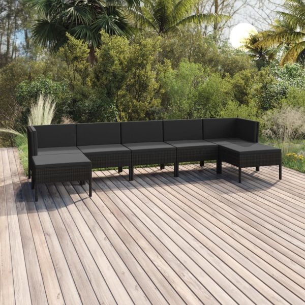 7-delige Loungeset met kussens poly rattan zwart