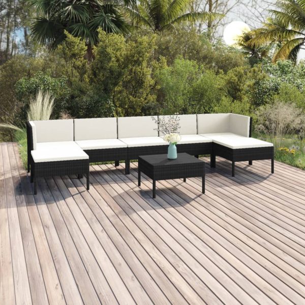 8-delige Loungeset met kussens poly rattan zwart