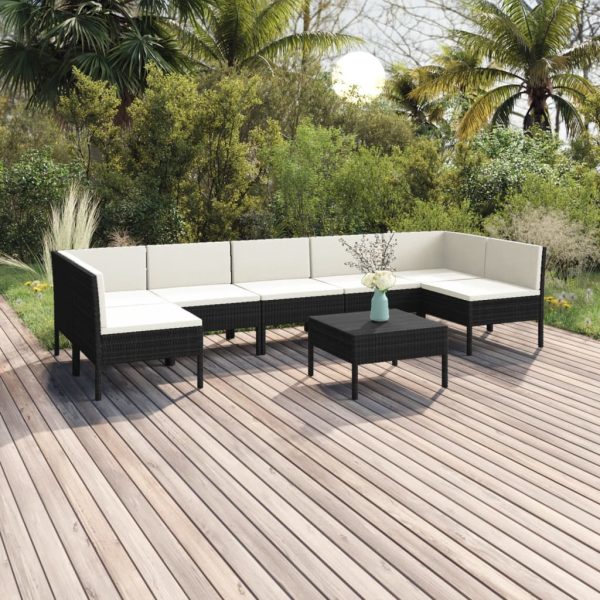 8-delige Loungeset met kussens poly rattan zwart