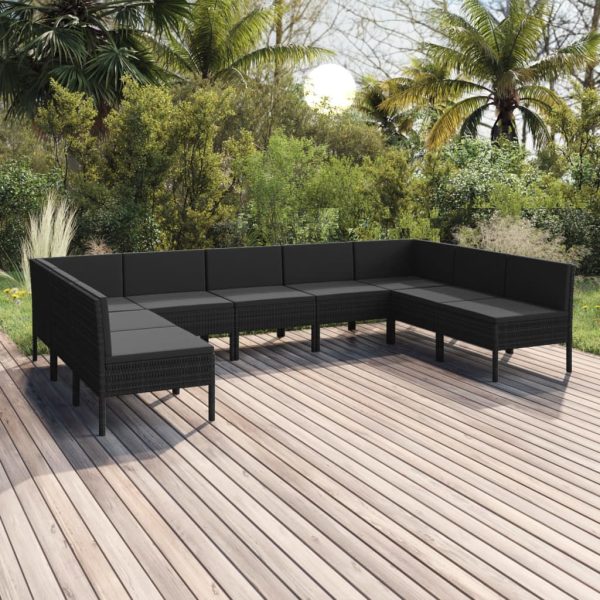 9-delige Loungeset met kussens poly rattan zwart