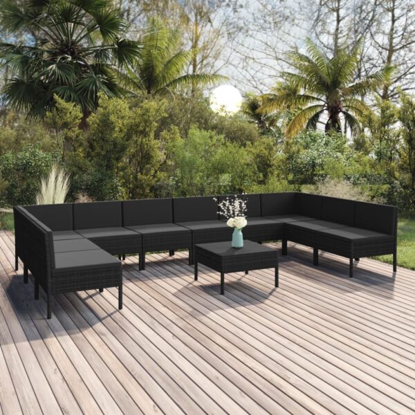11-delige Loungeset met kussens poly rattan zwart