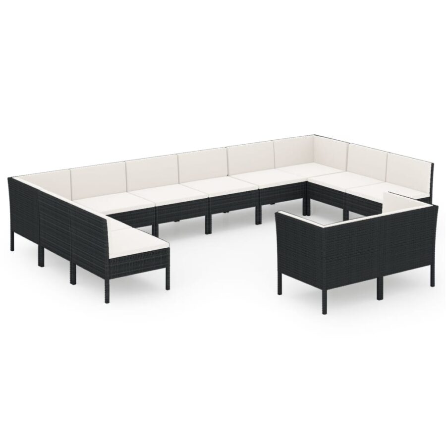 12-delige Loungeset met kussens poly rattan zwart - Afbeelding 2