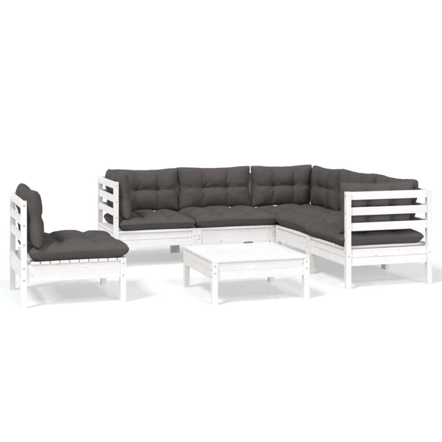 6-delige Loungeset met kussens grenenhout wit - Afbeelding 2