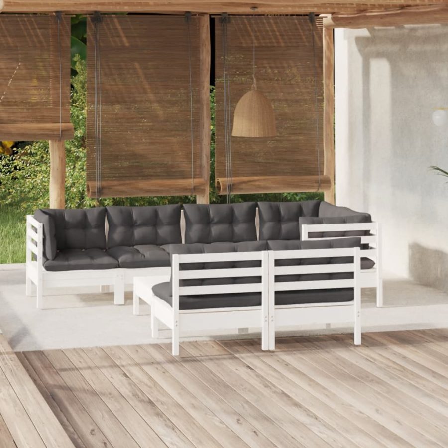 8-delige Loungeset met kussens massief grenenhout wit