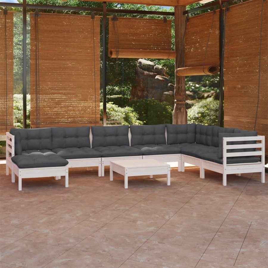9-delige Loungeset met kussens massief grenenhout wit