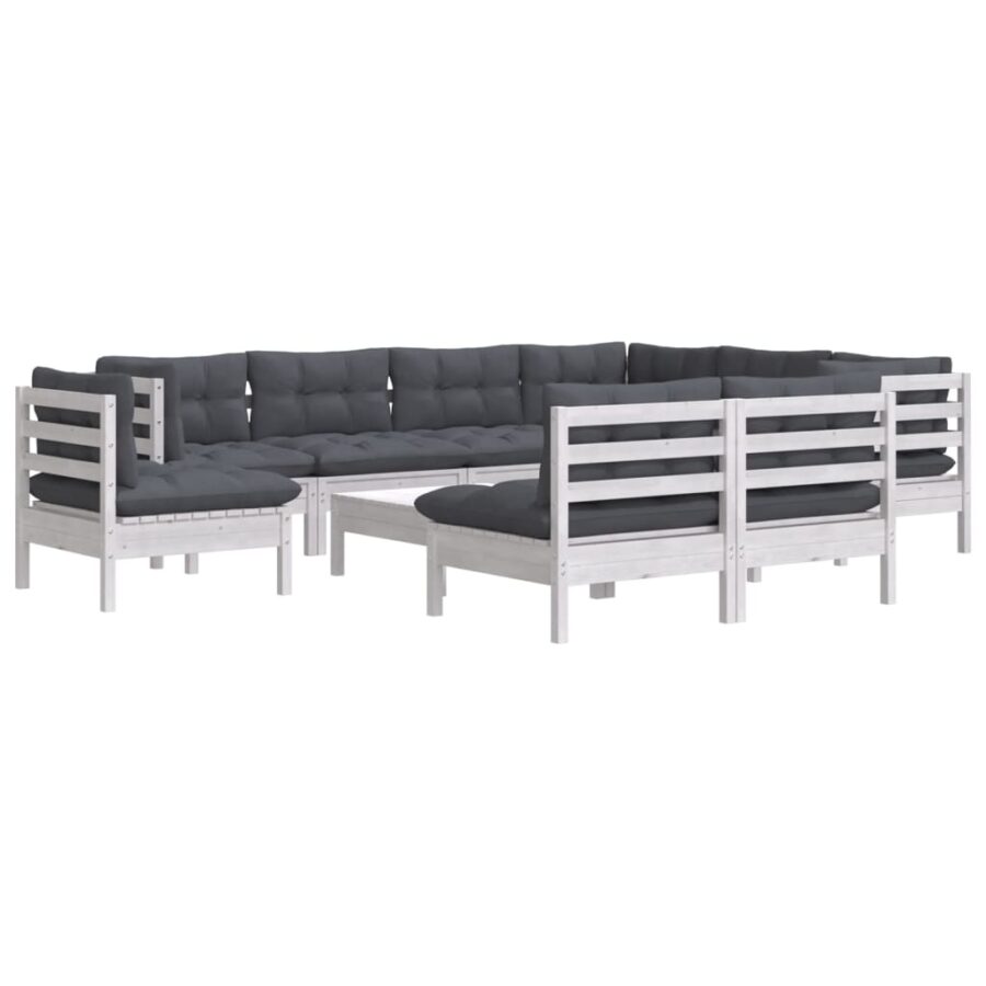 10-delige Loungeset met kussens massief grenenhout wit - Afbeelding 3