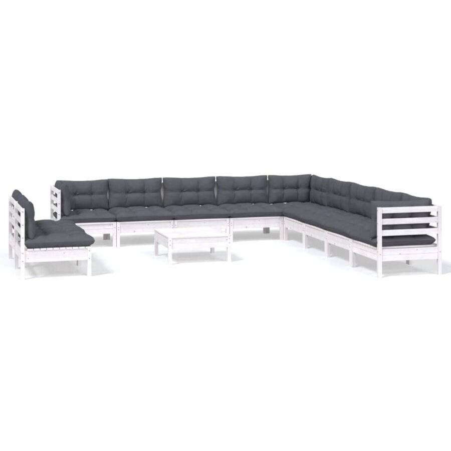 12-delige Loungeset met kussens massief grenenhout wit - Afbeelding 2