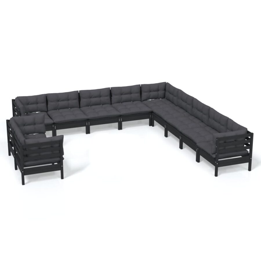 11-delige Loungeset met kussens massief grenenhout zwart - Afbeelding 2