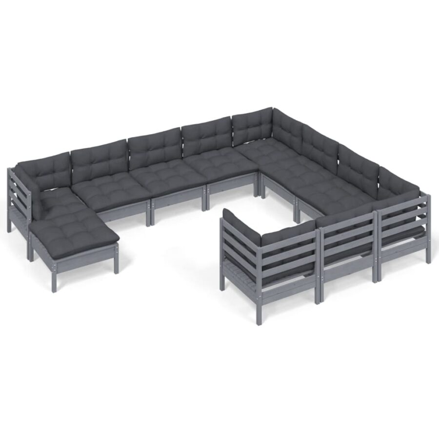 11-delige Loungeset met kussens grenenhout grijs - Afbeelding 2