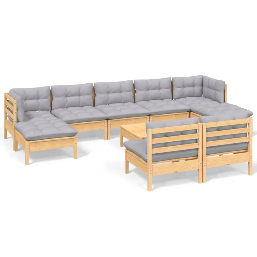 10-delige Loungeset met grijze kussens grenenhout - Afbeelding 2