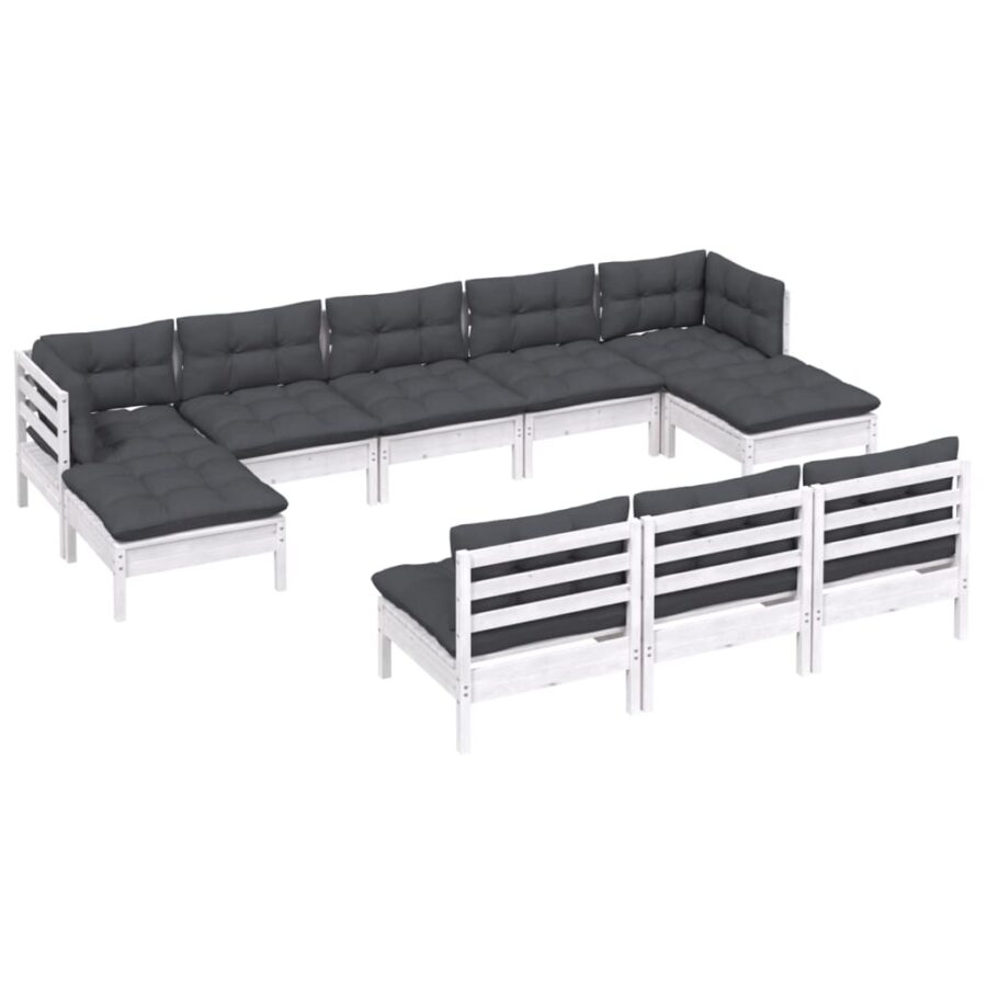 10-delige Loungeset met kussens grenenhout wit - Afbeelding 3