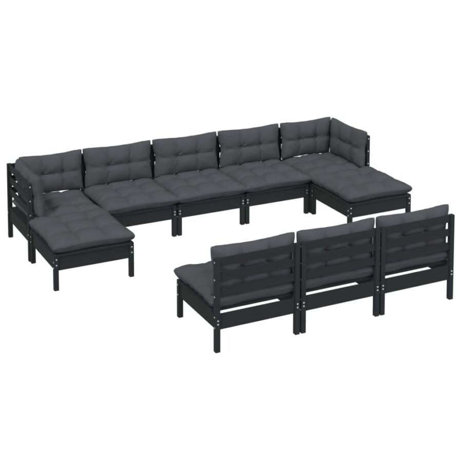10-delige Loungeset met kussens grenenhout zwart - Afbeelding 3