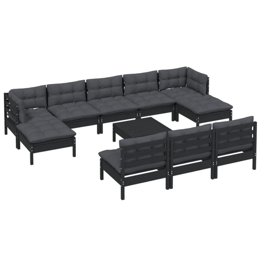 11-delige Loungeset met kussens grenenhout zwart - Afbeelding 3