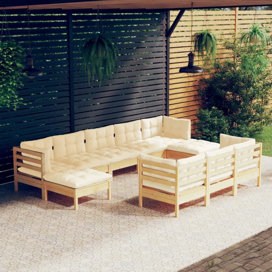 10-delige Loungeset met crèmekleurig kussens massief grenenhout