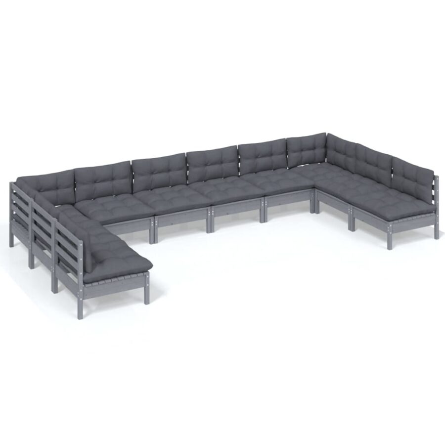 10-delige Loungeset met kussens massief grenenhout grijs - Afbeelding 2
