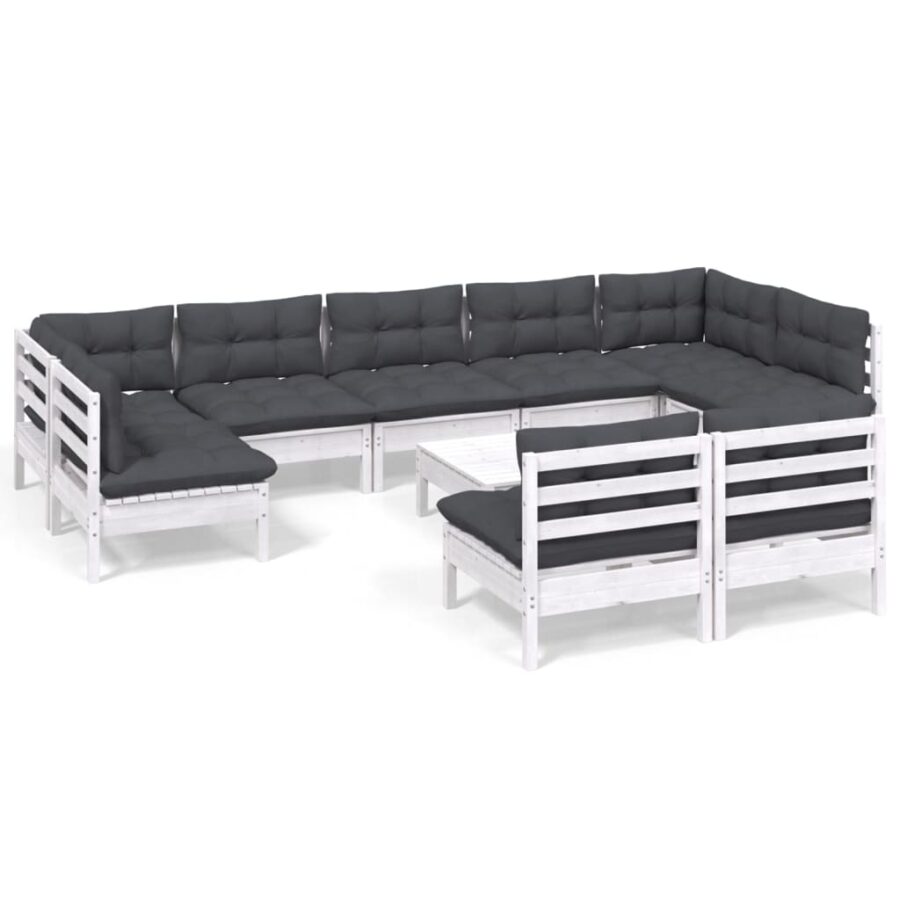 10-delige Loungeset met kussens massief grenenhout wit - Afbeelding 2