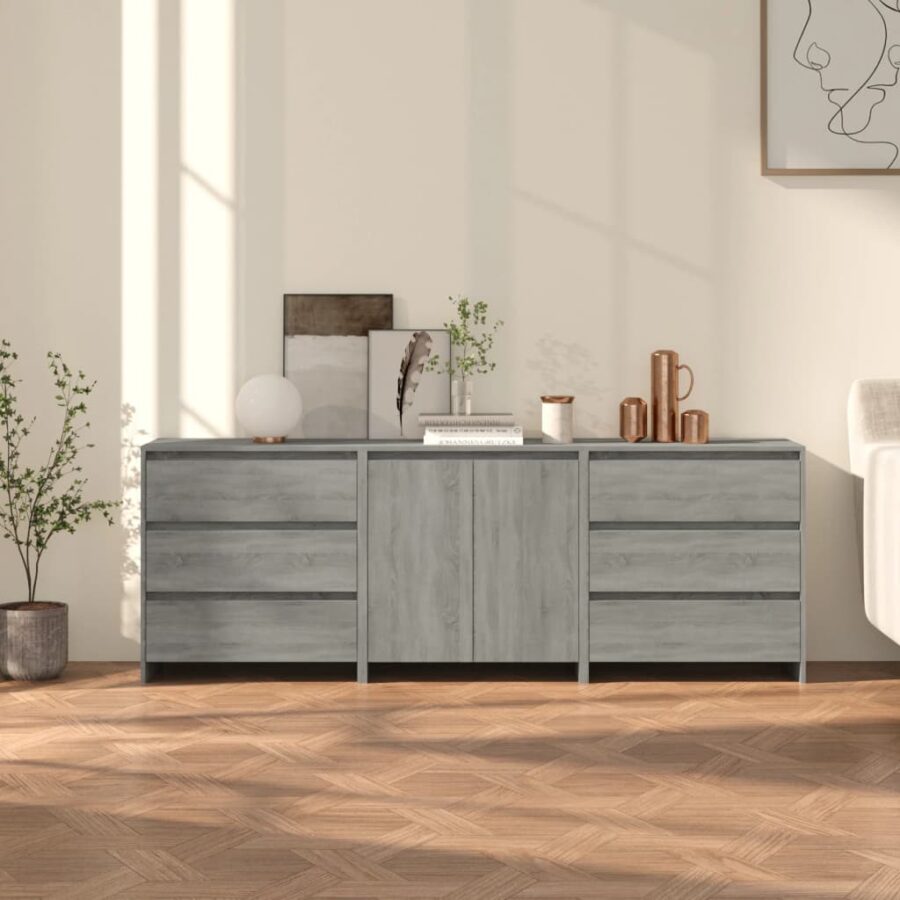 3 st Dressoirs bewerkt hout grijs sonoma eikenkleurig