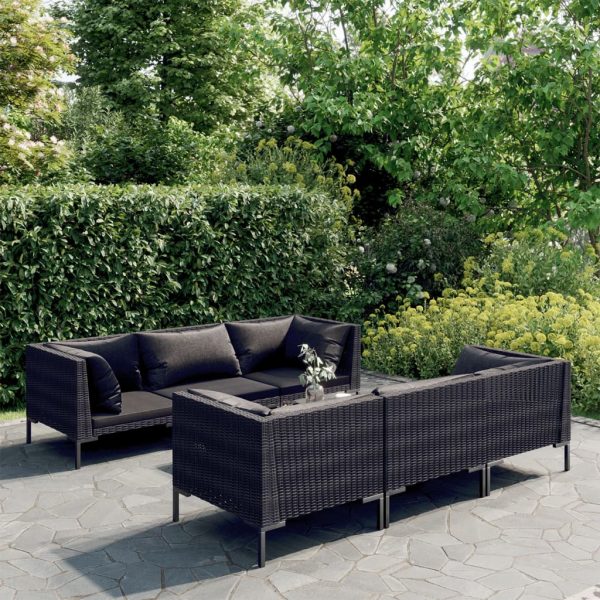 7-delige Loungeset met kussens poly rattan donkergrijs