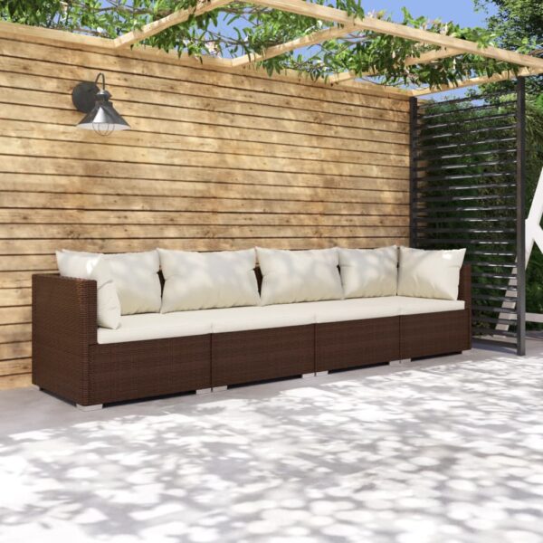 4-delige Loungeset met kussens poly rattan bruin