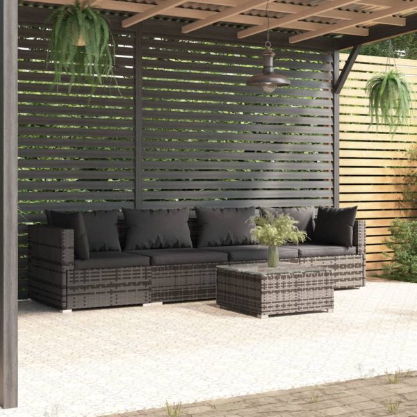 5-delige Loungeset met kussens poly rattan grijs
