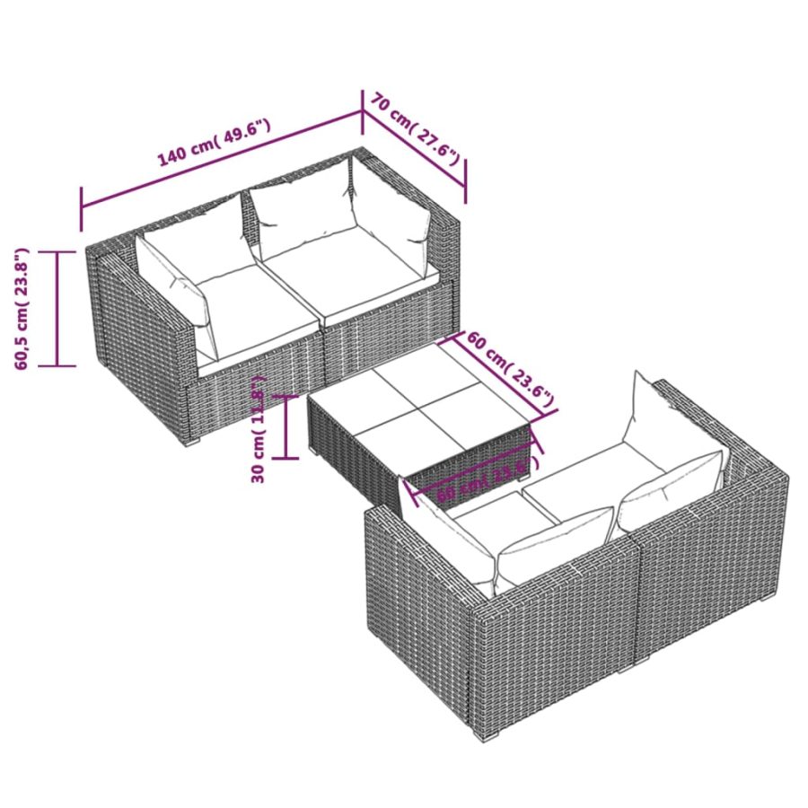 5-delige Loungeset met kussens poly rattan zwart - Afbeelding 7