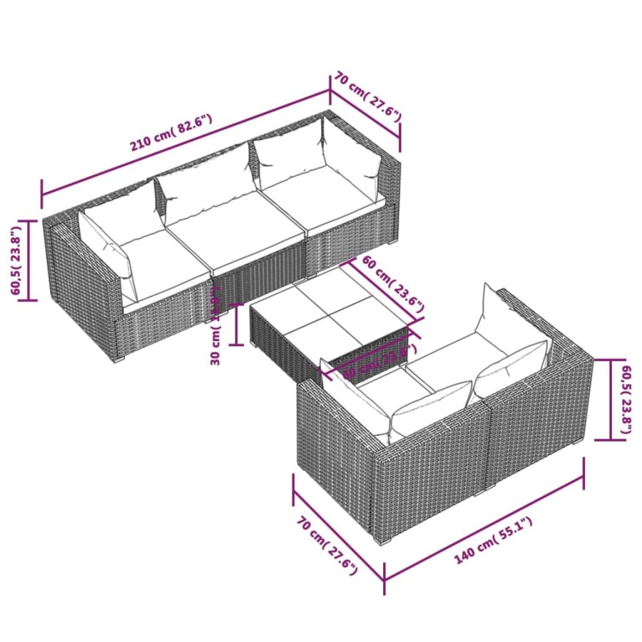 6-delige Loungeset met kussens poly rattan zwart - Afbeelding 9