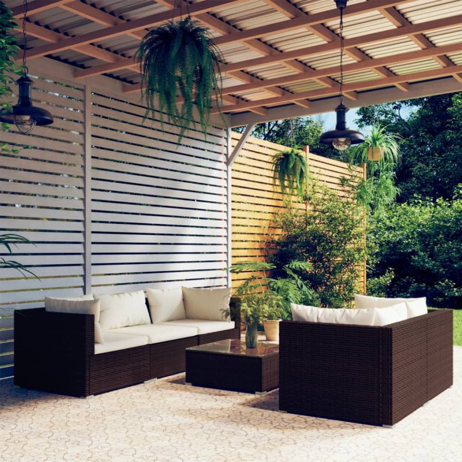 6-delige Loungeset met kussens poly rattan bruin